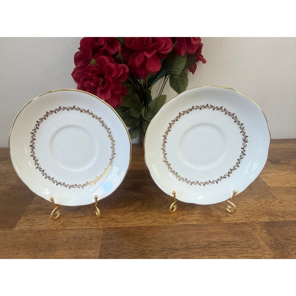 Colport‎ Coronation Bone China Gold Scroll Saucers Set of 2 England Vintage